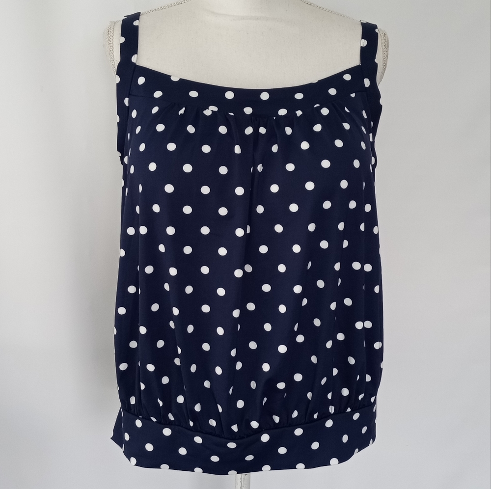 Lands' End Women's Blouson Tummy Hiding Tankini Top Blue Polka Dot Size 10